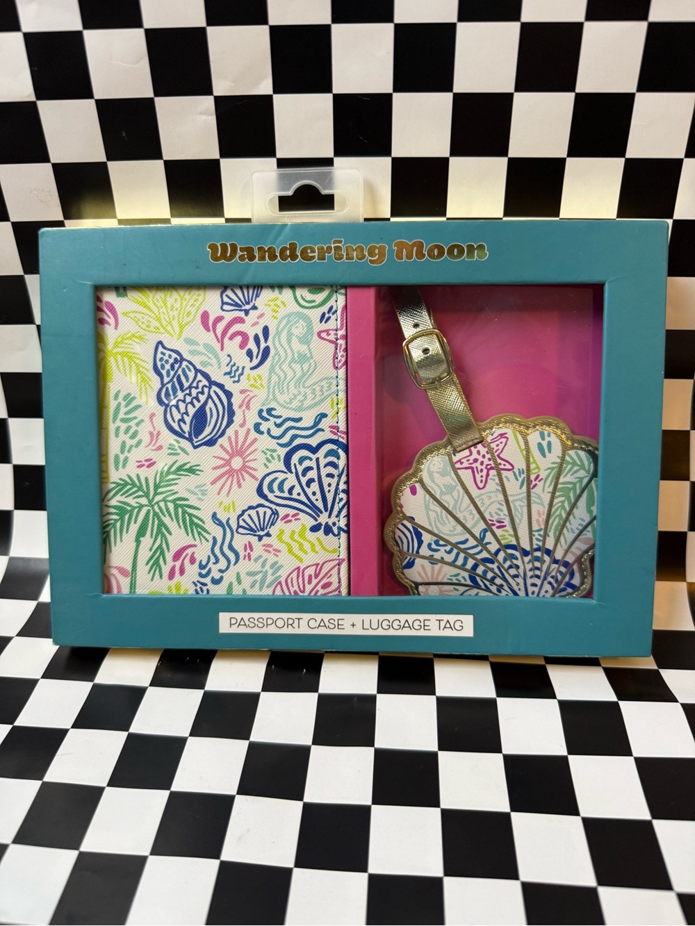 Pink & Multicolor Shell Passport Case and Luggage Tag Set